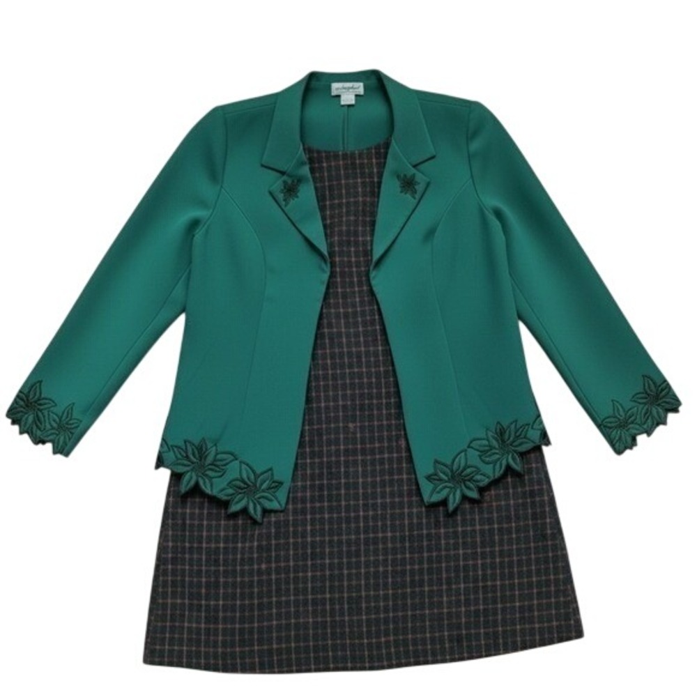 Green Open Front Blazer Floral Embroidered  Holiday Business Office Classy - Picture 7 of 7